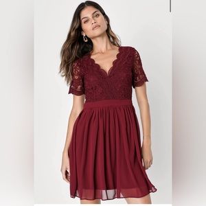 Lulu’s Angel in Disguise Burgundy Lace Skater Dress Size XS